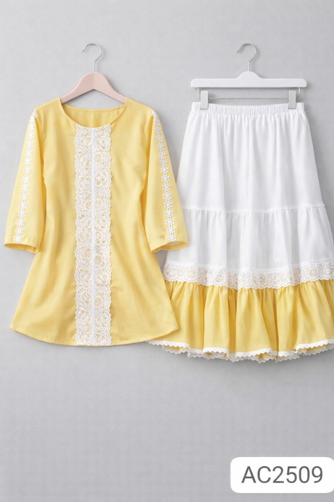 AC2509 Floral Lace Tunic & Tiered Skirt 2-Piece Set