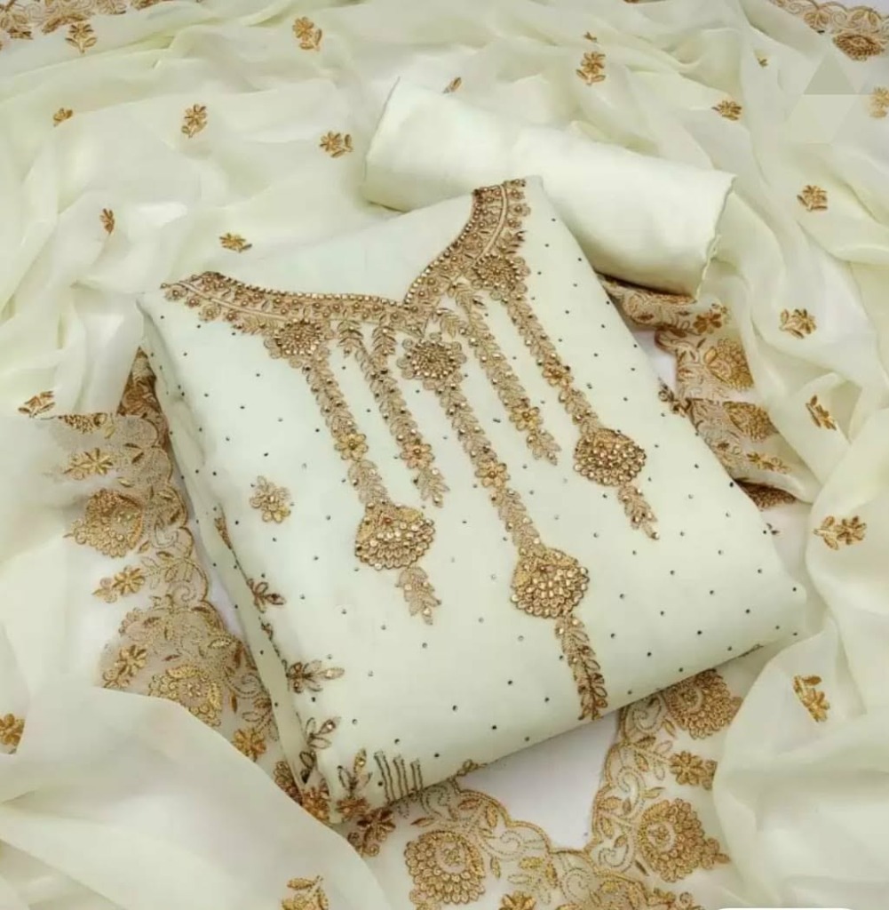 Cream & Gold Zari Embroidered 3-Piece Salwar Kameez Suit